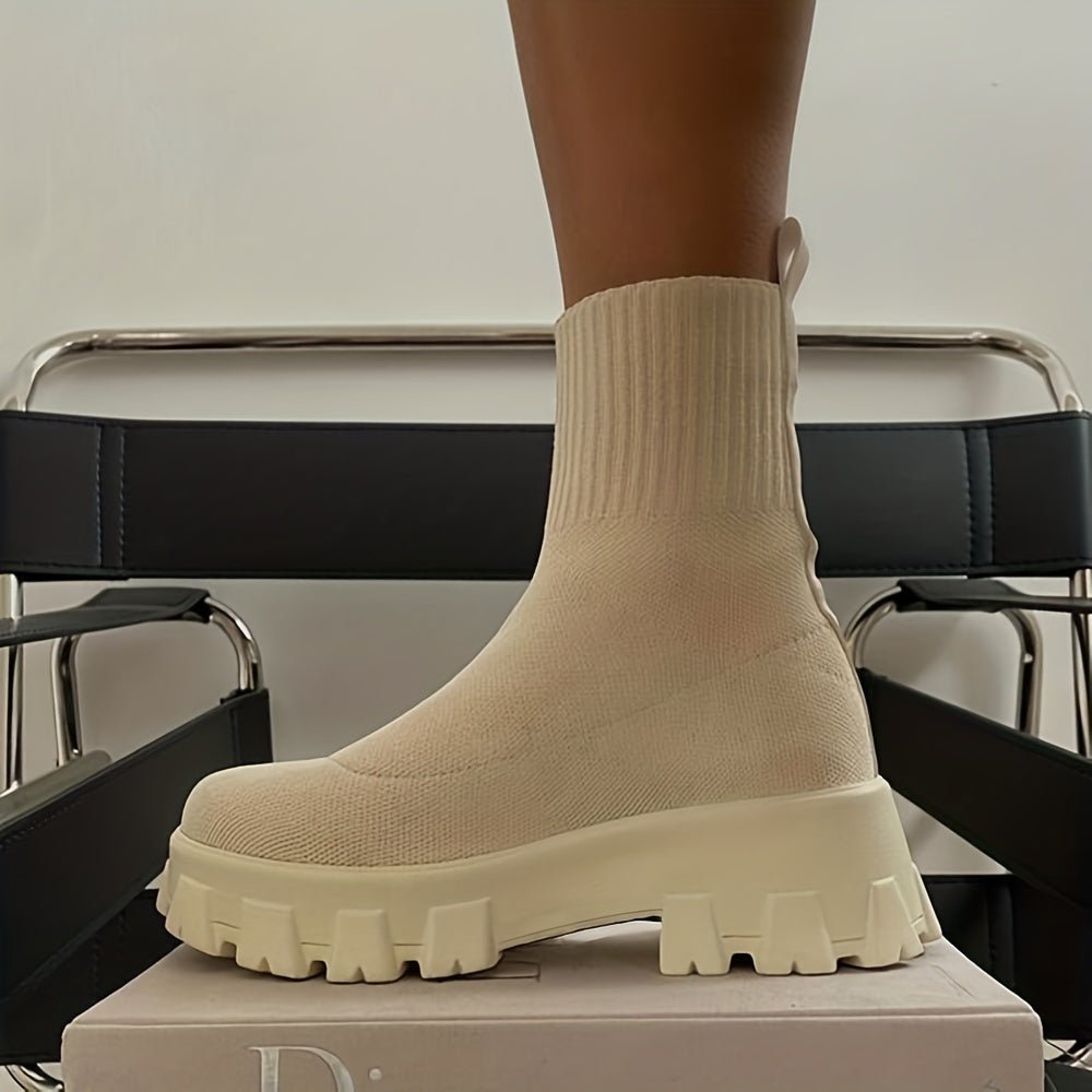 Women's Thick - soled Short Boots, Knitted Round Toe Shoes - Fluxy