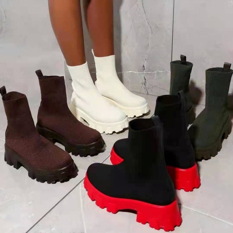 Women's Thick - soled Short Boots, Knitted Round Toe Shoes - Fluxy